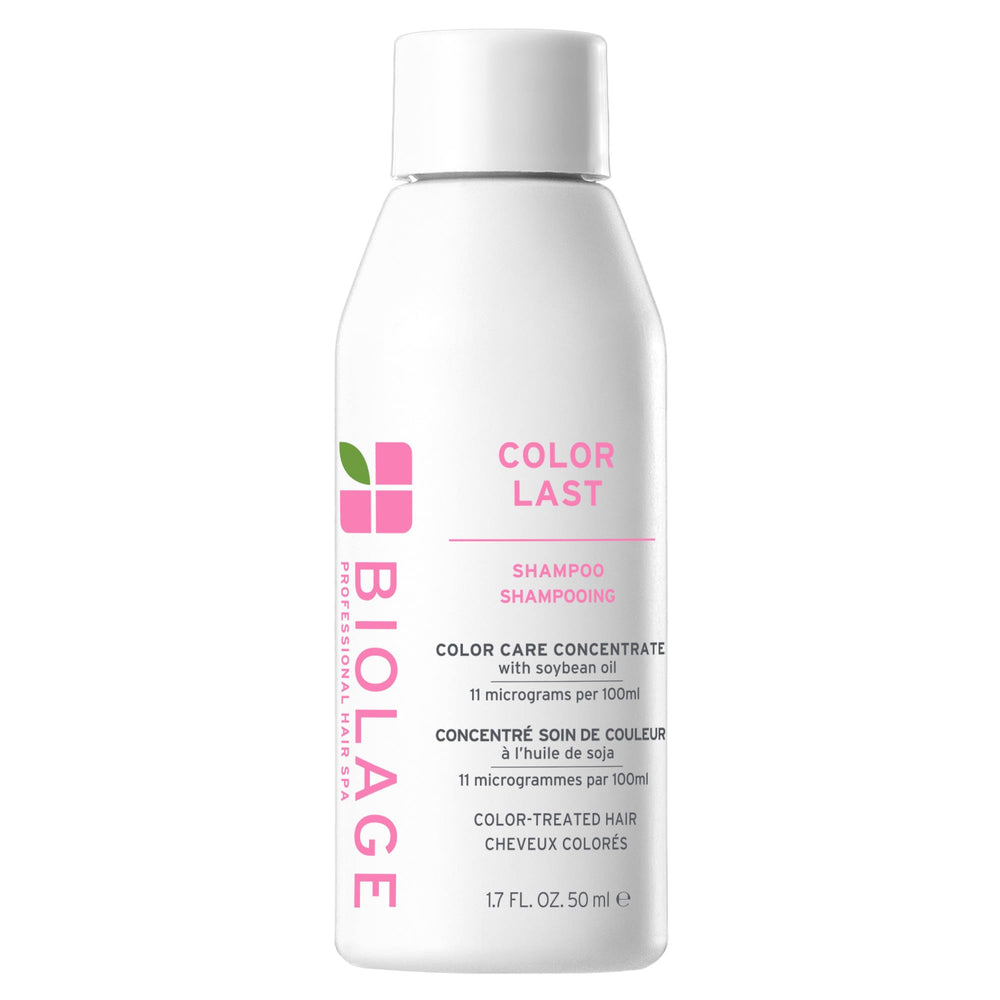 Biolage Color Last Shampoo bottle pour demonstrates color protection and shine.
