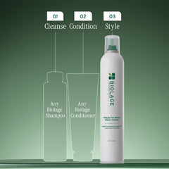 Biolage Freeze Fix hairspray fast-drying formula locks in style quickly.