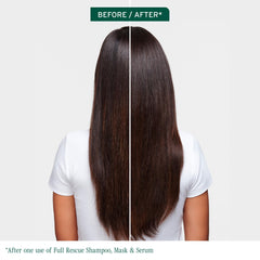 Biolage Full Rescue Shampoo bottle back label highlights rosemary oil ingredients for resilient hair.