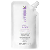 Biolage Hydra Source Deep Treatment Mask bottle closeup highlights intense hydration for dry hair.