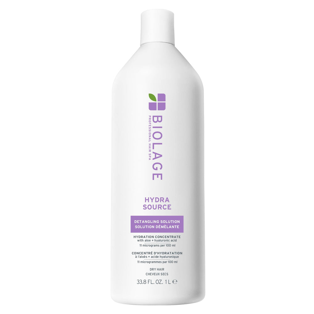 Biolage Hydra Source Detangling bottle pour showing easy dispense for instant hydration.