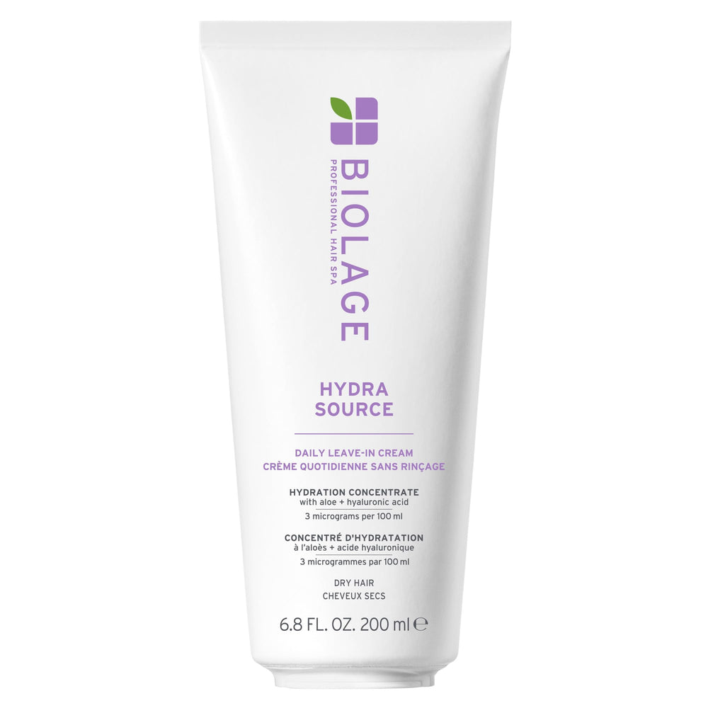 Biolage Hydra Source Leave-In Cream bottle demonstrates instant moisture for dry hair