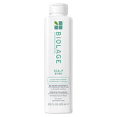 Biolage Scalp Sync bottle shows labeled formula that purifies scalp and reduces buildup