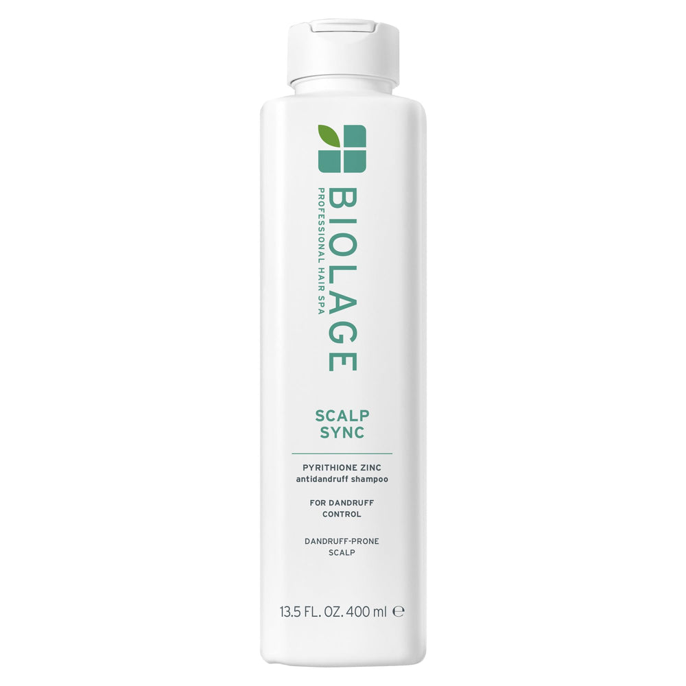 Biolage Scalp Sync shampoo bottle front highlighting zinc pyrithione for dandruff control.