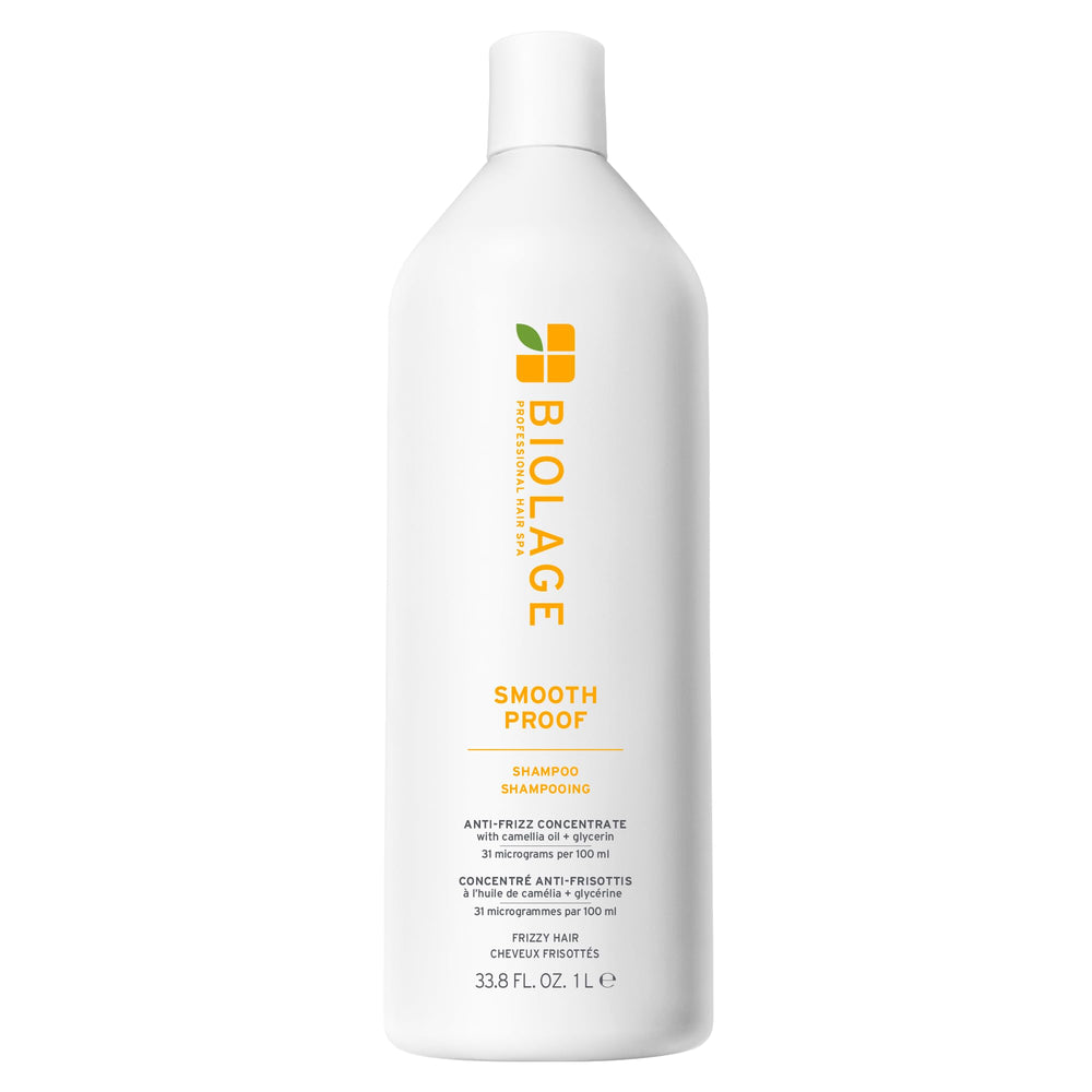 Biolage Smooth Proof Shampoo bottle highlights frizz-control formula for sleek hair