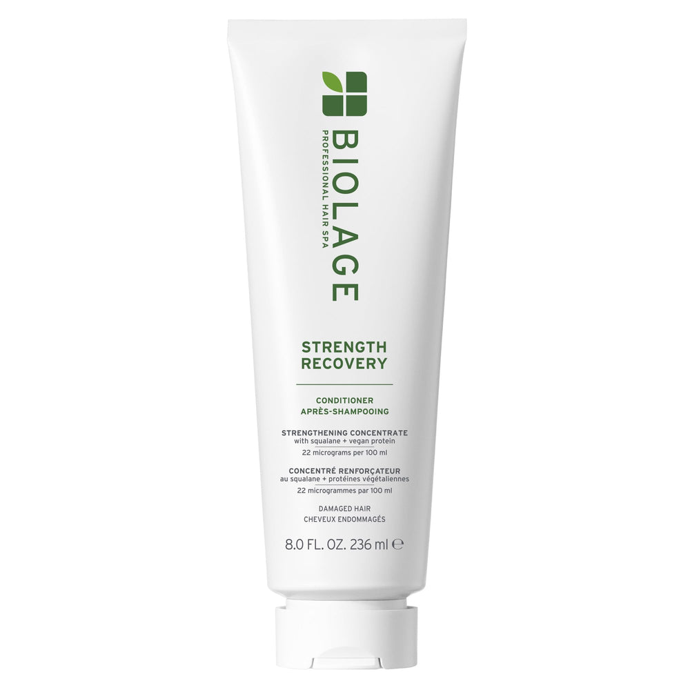 Biolage Strength Recovery Conditioner bottle highlighting the rich formula for healthier, more manageable hair