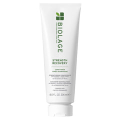 Biolage Strength Recovery Conditioner bottle highlighting the rich formula for healthier, more manageable hair
