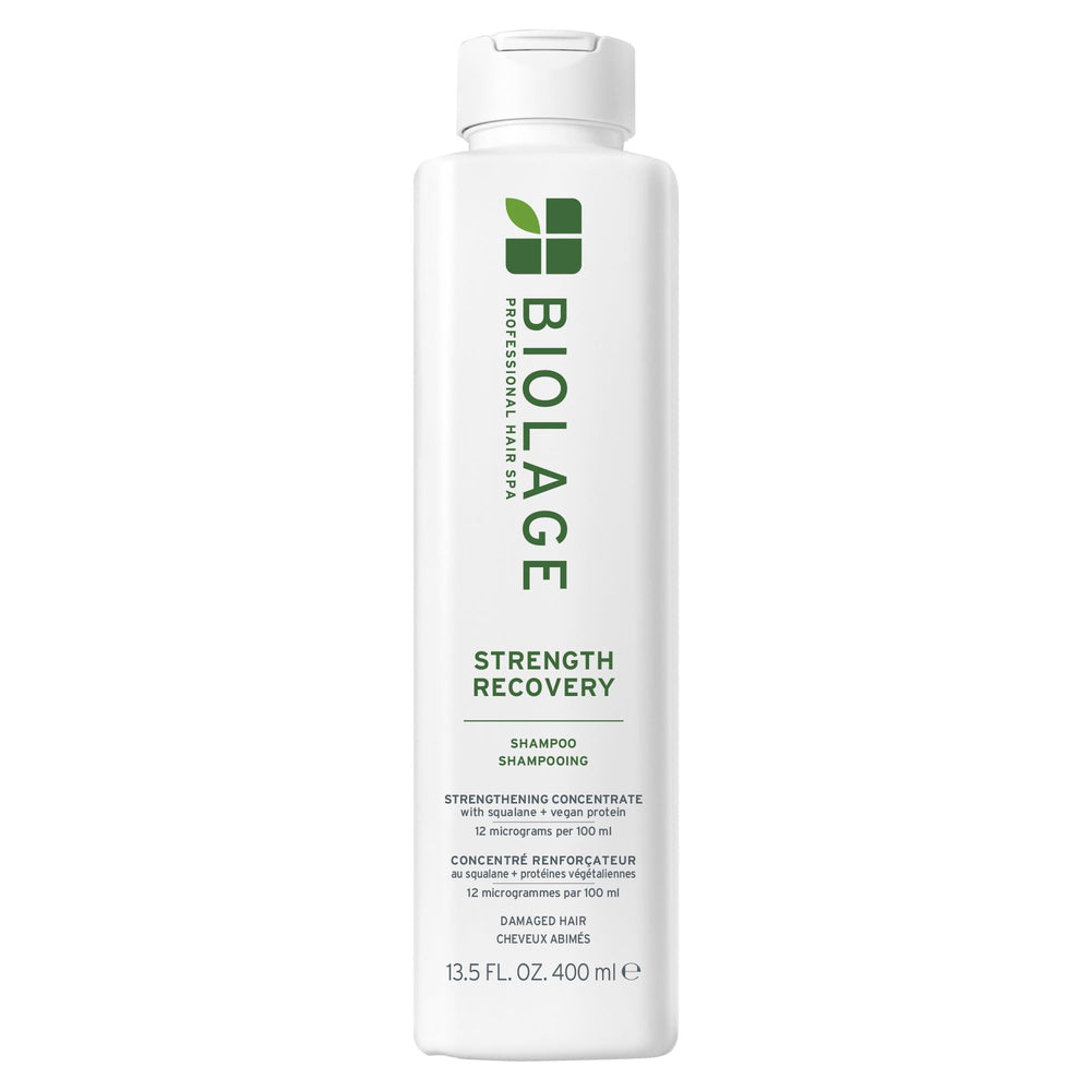 Biolage Strength Recovery Shampoo bottle highlights olive squalane and vegan proteins for stronger hair.
