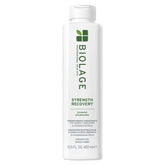 Biolage Strength Recovery Shampoo bottle highlights olive squalane and vegan proteins for stronger hair.
