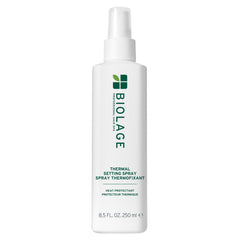 Biolage Thermal Setting Spray bottle front, heat protection up to 450°F.