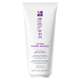 Biolage Ultra Hydra Source leave-in cream bottle delivers lightweight hydration for very dry hair.