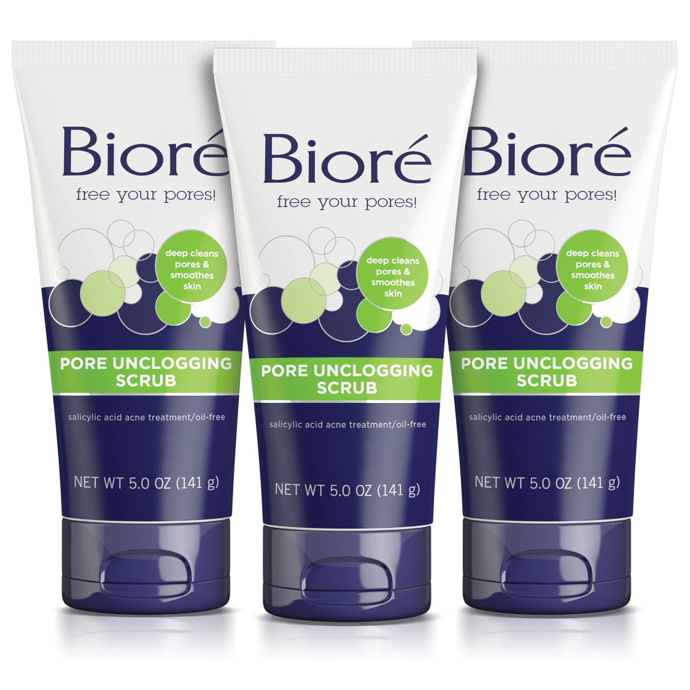 Biore Pore Unclogging Scrub bottle close-up highlighting salicylic acid for clearer pores.