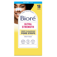Biore Witch Hazel Ultra Strength Pore Strips box front showing packaging for deep cleansing pores