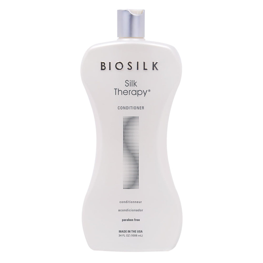 BioSilk Silk Therapy Conditioner bottle glows with radiant shine.