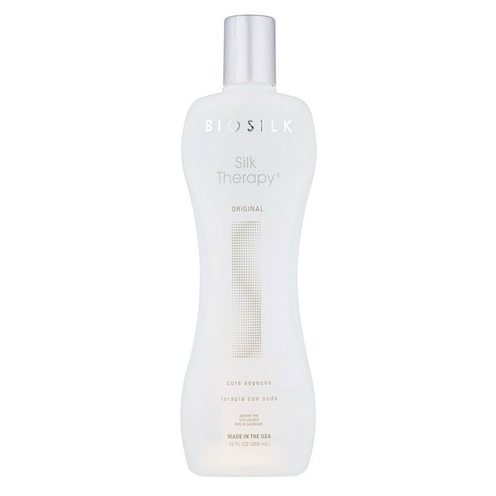 BioSilk Silk Therapy Serum bottle demonstrates frizz control and lasting shine for all hair types.