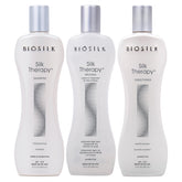 BioSilk Silk Therapy shampoo bottle showing shine-enhancing formula for all hair types.