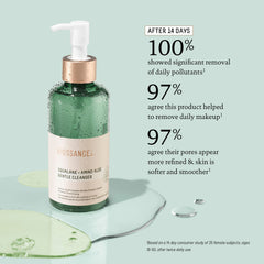 BIOSSANCE cleanser bottle highlights makeup removal and pore cleansing with foaming action.