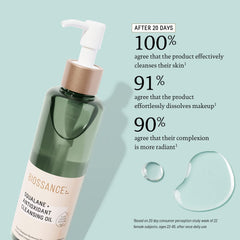 Biossance cleansing oil pour showing silky texture ideal for gentle cleansing