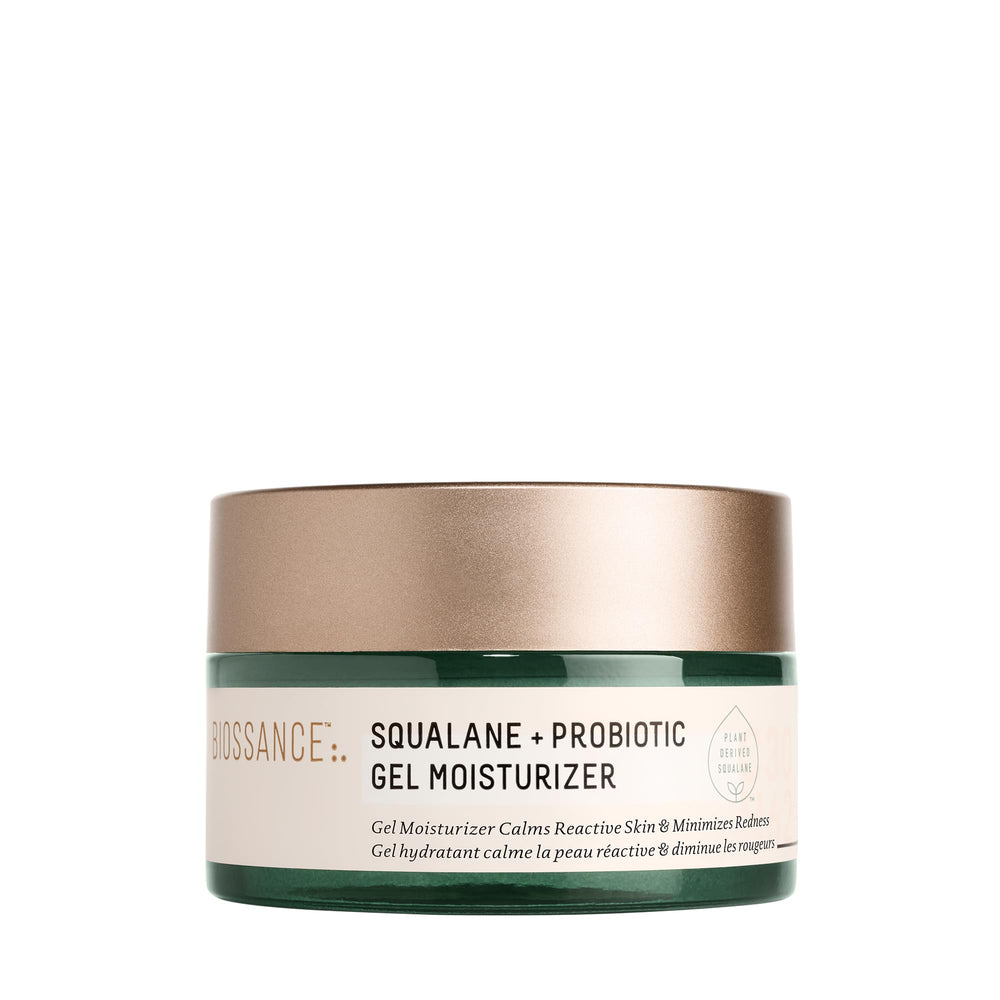 BIOSSANCE Squalane + Probiotic Gel Moisturizer bottle close-up shows calming formula for sensitive skin