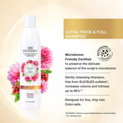 Biotera Champú: mano aplicando espuma suave para cabello fino.