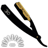 Black Widow straight razor with matte black and gold finish for precision grooming.