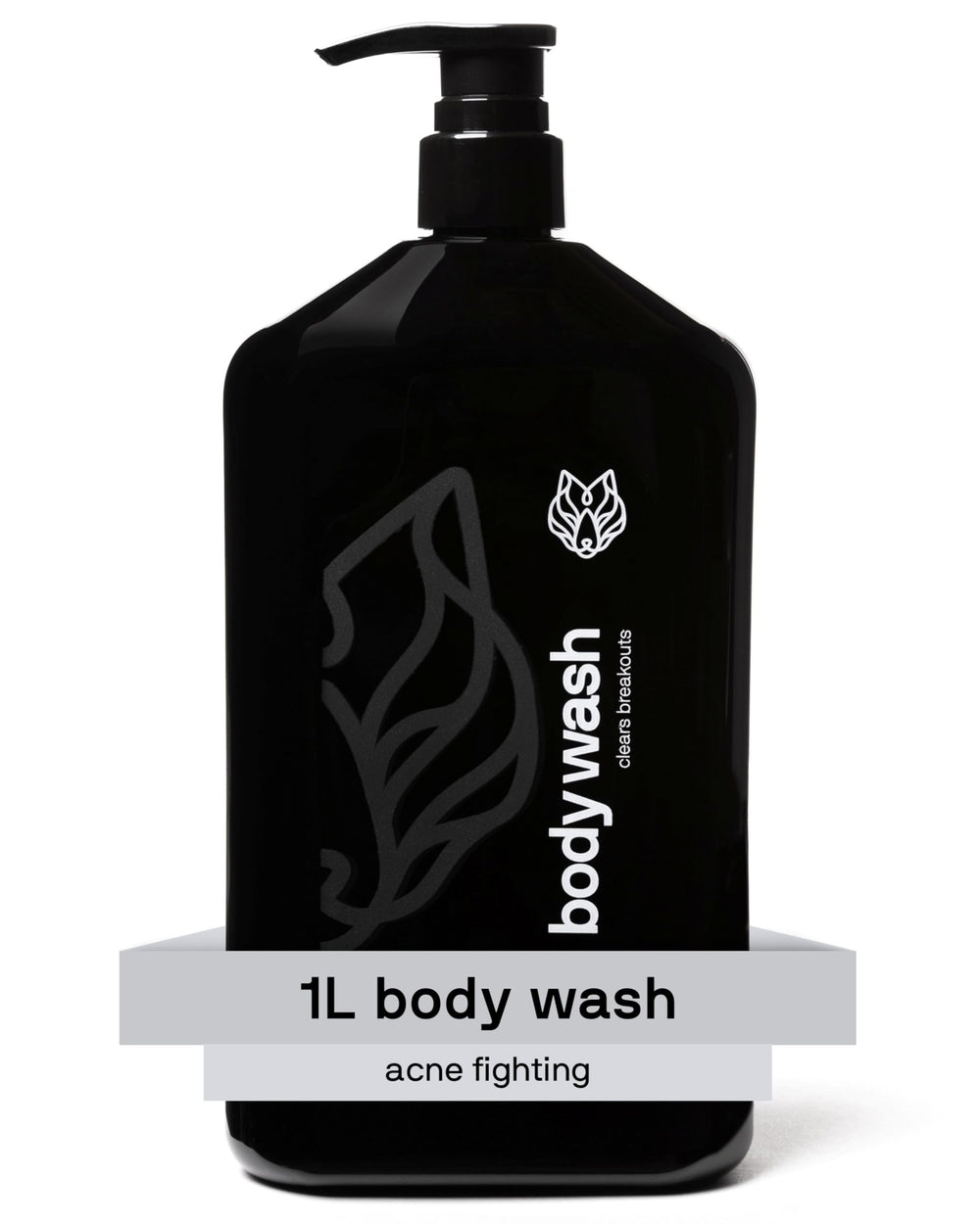 Black Wolf salicylic acid body wash bottle front for deep clean and oil control.