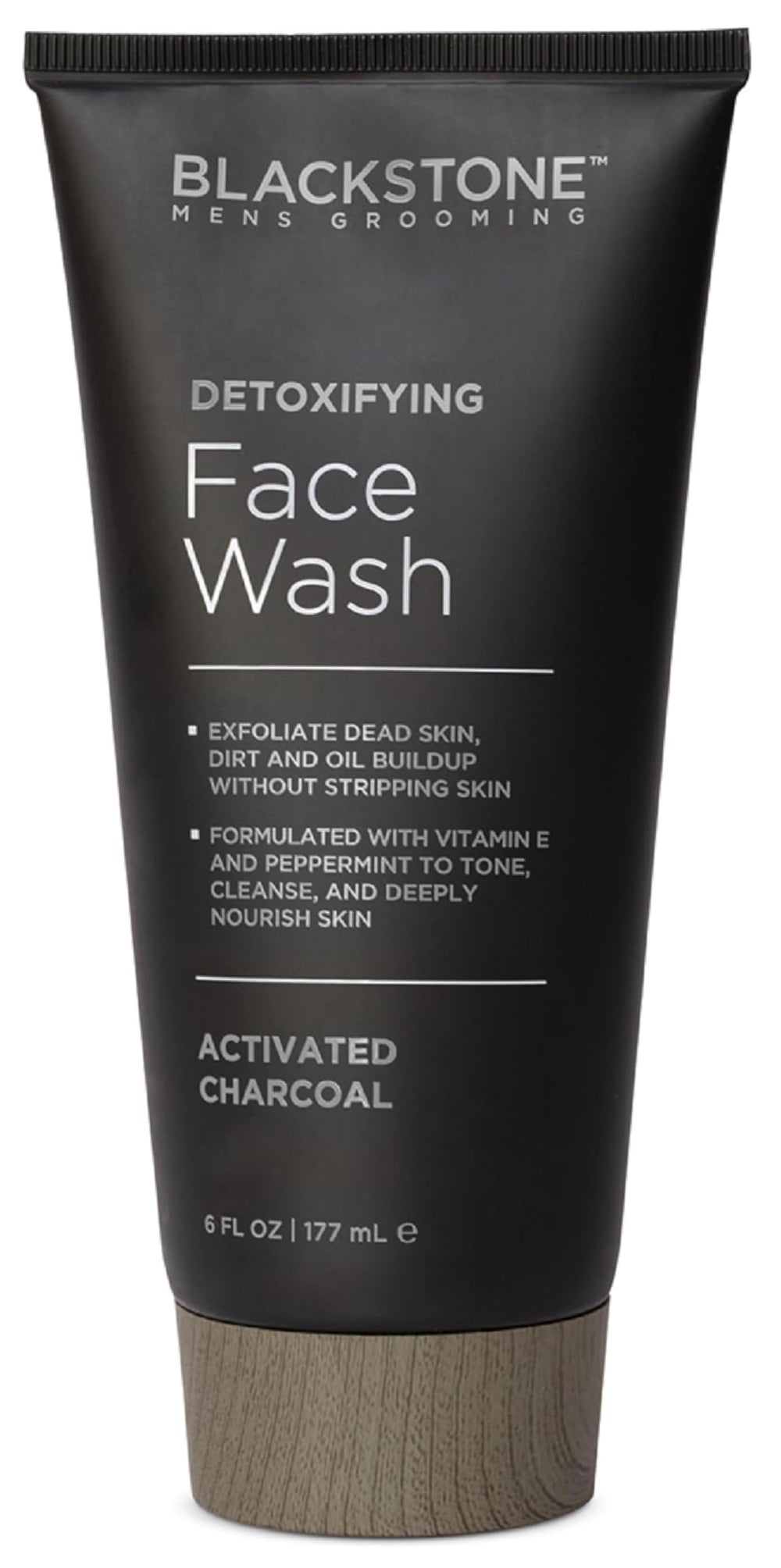 Blackstone Detoxifying Face Wash con carbón activado, botella visible, limpieza profunda de impurezas.