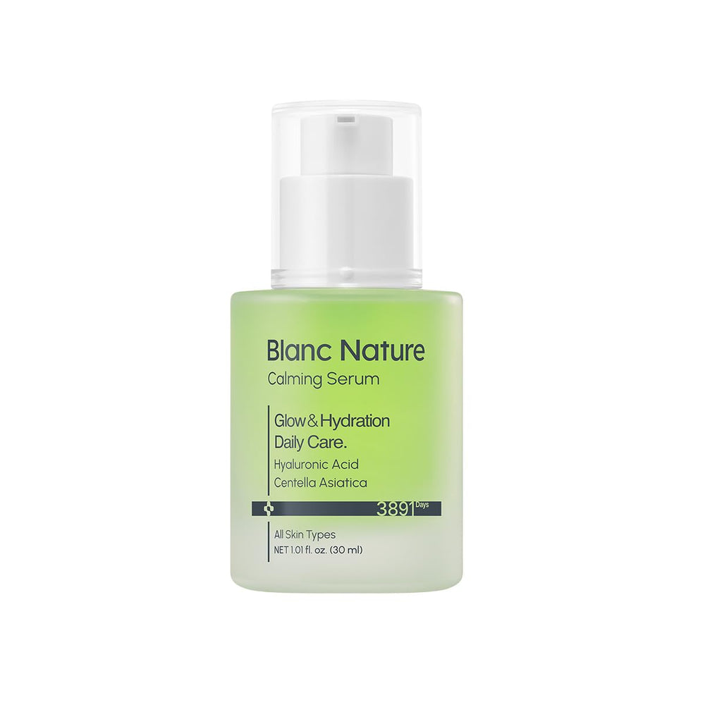 Blanc Nature Calming Serum bottle closeup for hydrated, balanced skin.