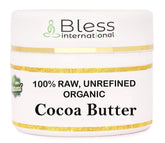 Bless International Organic Raw Cocoa Butter 4oz jar closeup shows a creamy texture for skin hydration.