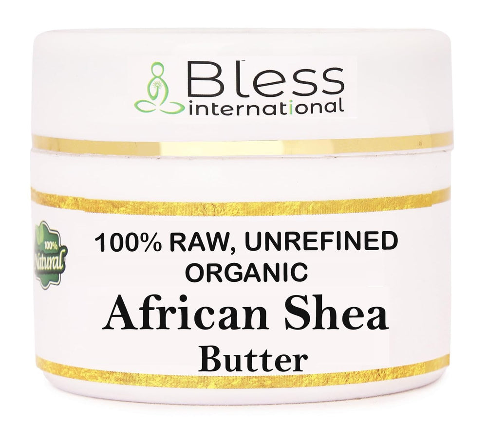 Bless International Shea Butter jar close-up shows pure texture for skin hydration.