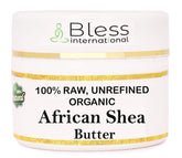 Bless International Shea Butter jar close-up shows pure texture for skin hydration.