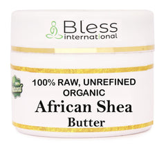 Bless International Shea Butter jar close-up shows pure texture for skin hydration.