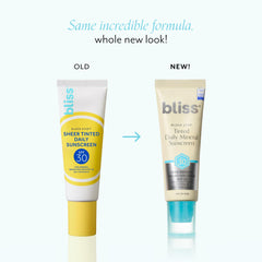 Bliss Block Star bottle side view highlights tinted mineral formula for all skin tones.