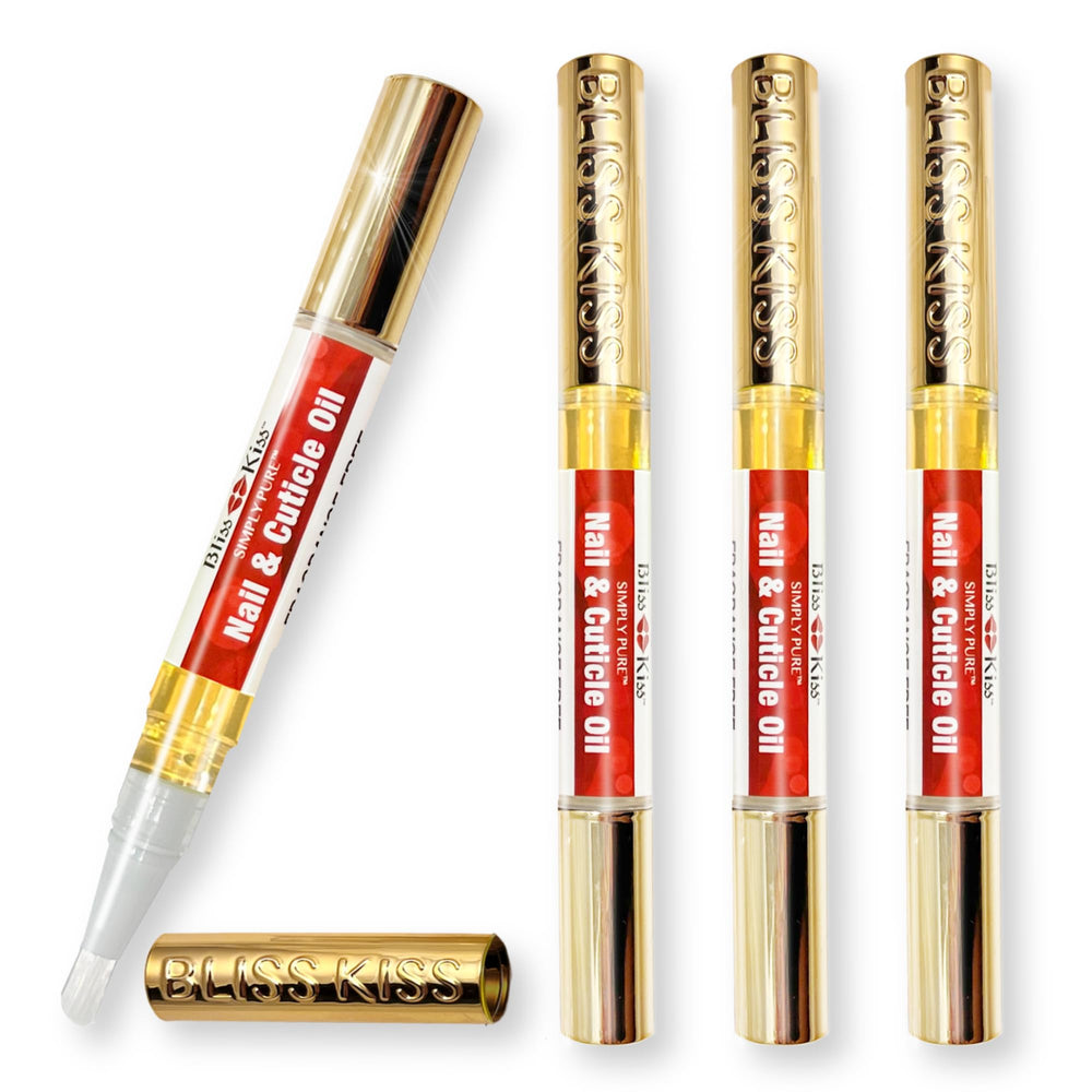 Bliss Kiss fragrance-free nail oil pen 4-pack for easy on-the-go hydration.