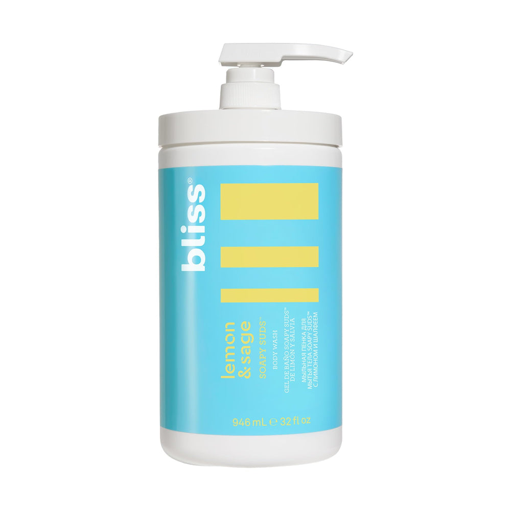 Bliss Soapy Suds Body Wash bottle with Lemon & Sage for a refreshing shower.