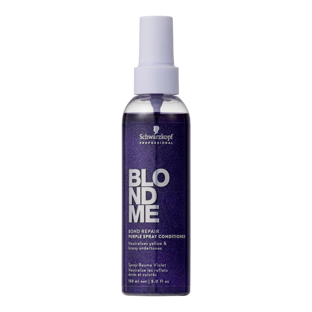 BlondMe Bond Repair Purple Spray Conditioner bottle tones brass and hydrates cool-blonde hair