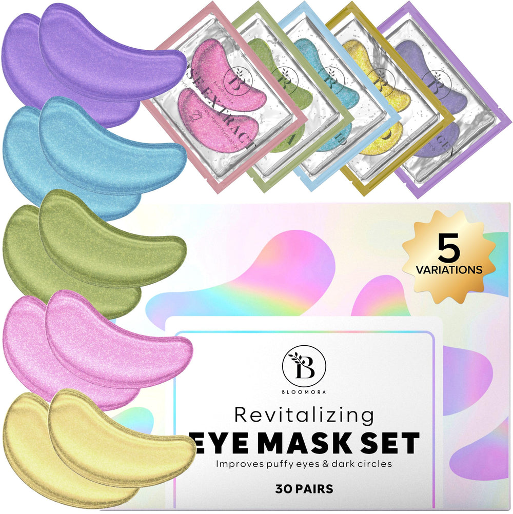BLOOMORA Variety Under Eye Patches pack close-up showing five formulas for refreshed eyes