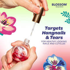 Application scene with Blossom Cuticle Oil massaging into cuticles.