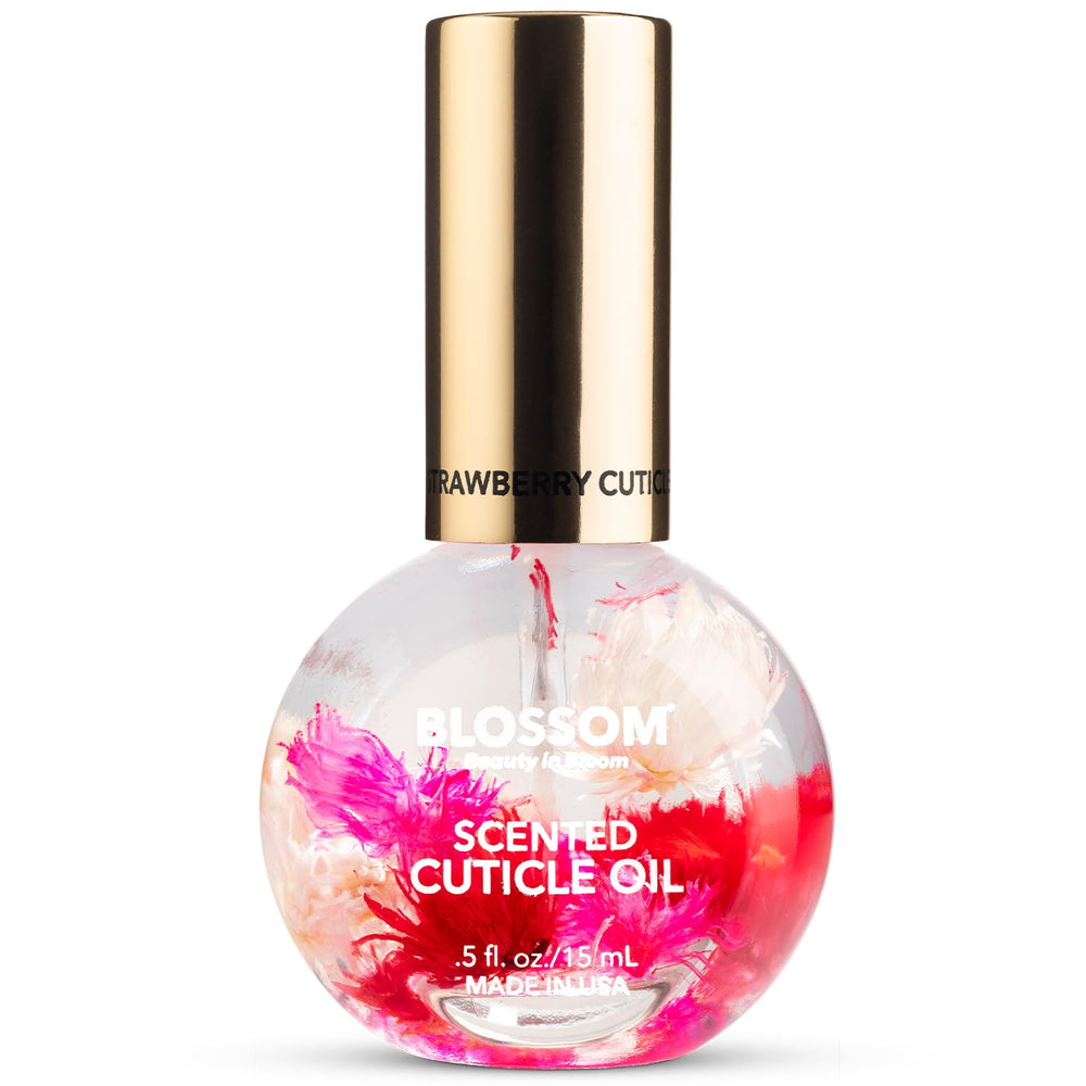 Blossom Cuticle Oil bottle with real flowers for hydrated nails.