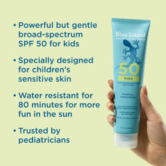 Blue Lizard Kids Mineral SPF 50, aplicación suave para capa uniforme en la piel infantil.