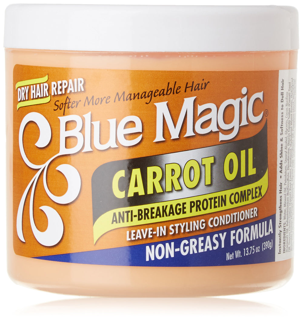 Blue Magic Acondicionador sin enjuague con aceite de zanahoria, cabello suave y manejable.