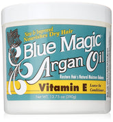 Blue Magic Argan Oil Leave-In bottle shows hydration and detangling potential.