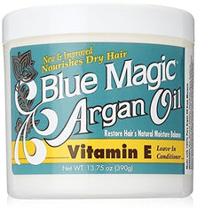 Blue Magic Argan Oil Leave-In packaging on display illustrates easy daily care.
