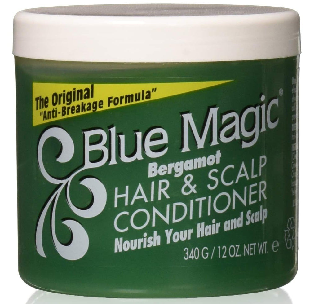 Blue Magic Bergamot conditioner bottle for hair and scalp nourishment.
