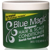 Blue Magic Bergamot conditioner bottle for hair and scalp nourishment.