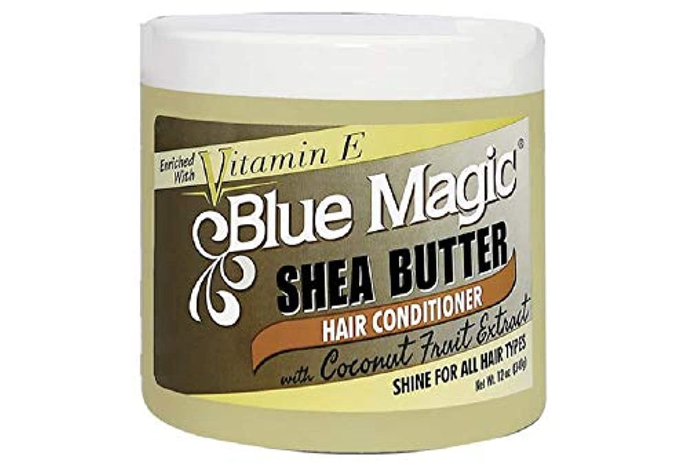 Blue Magic acondicionador de karité con coco, cabello suave y nutrido.
