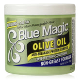 Blue Magic Olive Oil bottle front for glossy, manageable hair.