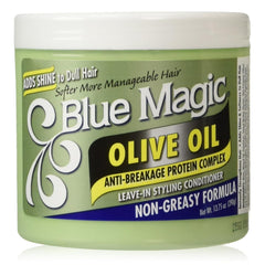 Blue Magic Olive Oil bottle front for glossy, manageable hair.