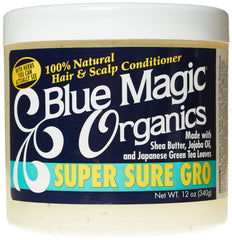 Blue Magic Super Sure hair growth bottle closeup for nourished, stronger hair.