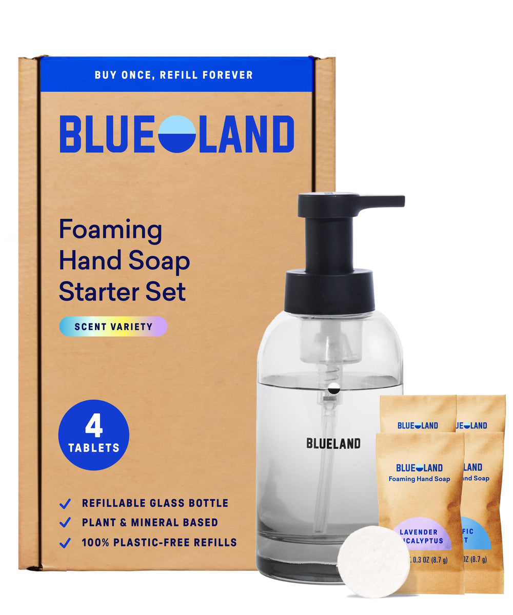 BLUELAND dispensador jabon espuma en vaso de vidrio para uso diario y sostenible.